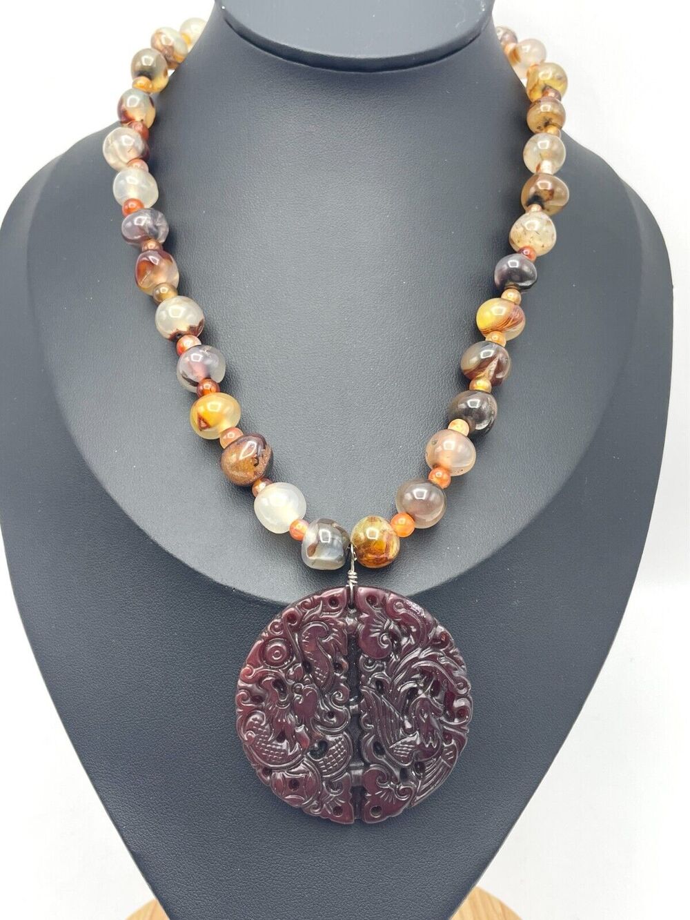 Red Brown Jade Serpent Pendant on Colorful Polished Agate Stone Beaded Necklace